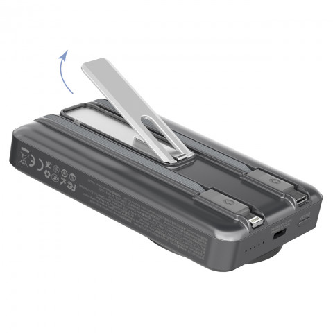 
Išorinė baterija K29 10000mAh MagSafe metalinis dėklas, stovas, laidai, USB-C, iPhone Lightning, PD 20W - pilka
