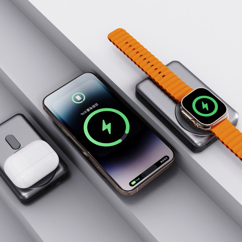 
Išorinė baterija K29 10000mAh MagSafe metalinis dėklas, stovas, laidai, USB-C, iPhone Lightning, PD 20W - sidabrinė
