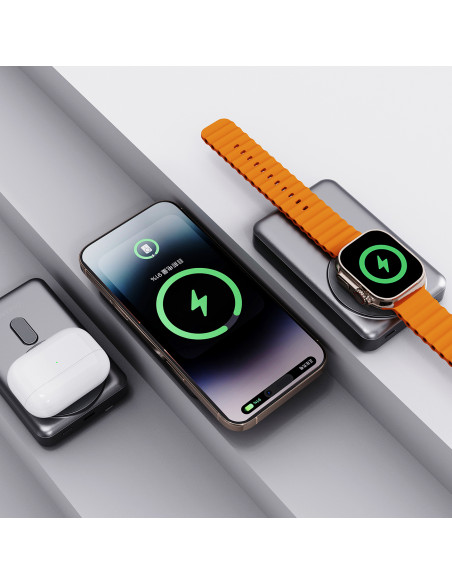 
Išorinė baterija K29 10000mAh MagSafe metalinis dėklas, stovas, laidai, USB-C, iPhone Lightning, PD 20W - sidabrinė
