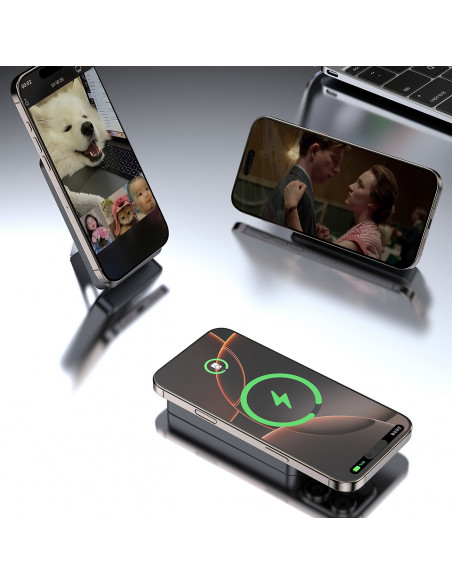 
Išorinė baterija K29 10000mAh MagSafe metalinis dėklas, stovas, laidai, USB-C, iPhone Lightning, PD 20W - sidabrinė
