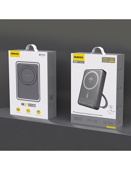 
K28 10000mAh „MagSafe“ išorinė baterija su metaliniu korpusu ir PD stovu, 22,5 W – pilka
