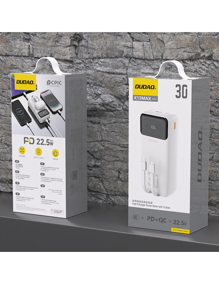 
30000mAh išorinė baterija su integruotais PD laidais, 22,5 W – balta
