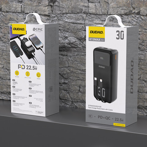 
30000mAh išorinė baterija su integruotais PD laidais, 22,5 W - juoda
