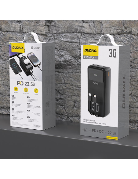 
30000mAh išorinė baterija su integruotais PD laidais, 22,5 W - juoda
