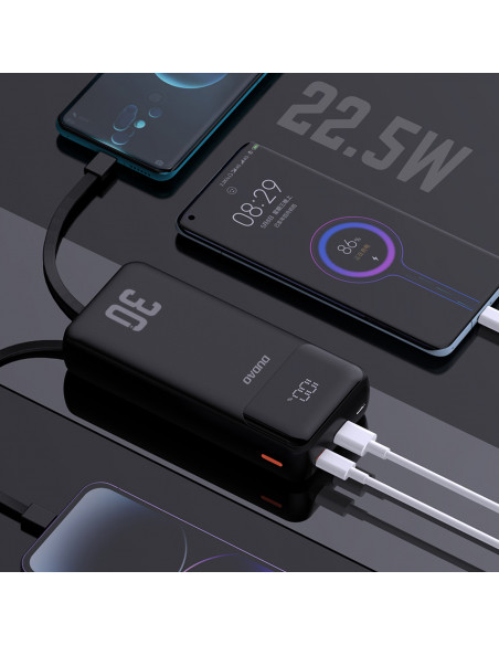 
30000mAh išorinė baterija su integruotais PD laidais, 22,5 W - juoda
