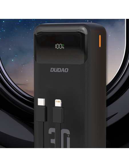 
30000mAh išorinė baterija su integruotais PD laidais, 22,5 W - juoda
