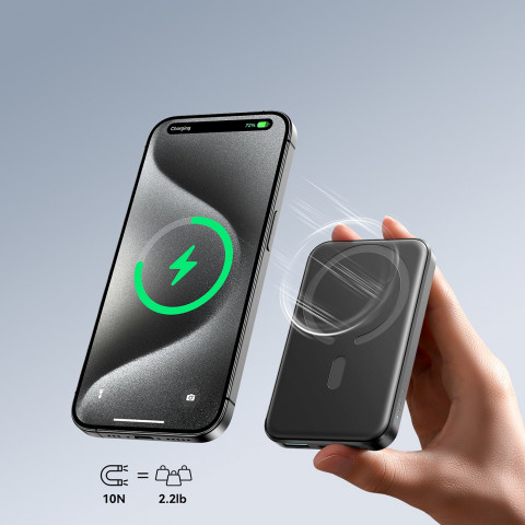 
5000mAh USB-A USB-C 20W indukcinė išorinė baterija su USB-C laidu – juoda
