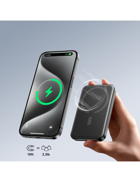 
5000mAh USB-A USB-C 20W indukcinė išorinė baterija su USB-C laidu – juoda
