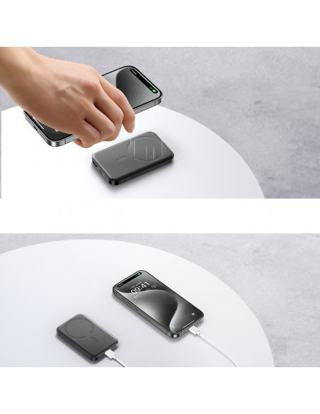 
5000mAh USB-A USB-C 20W indukcinė išorinė baterija su USB-C laidu – juoda
