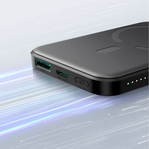 
5000mAh USB-A USB-C 20W indukcinė išorinė baterija su USB-C laidu – juoda
