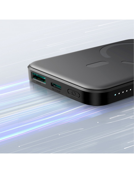 
5000mAh USB-A USB-C 20W indukcinė išorinė baterija su USB-C laidu – juoda
