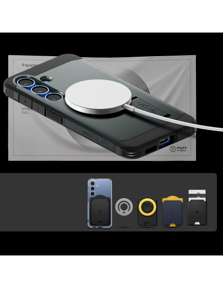 
„Samsung Galaxy S25“ dėklas su tvirtu „Tough Armor MagSafe“ stovu – žalias
