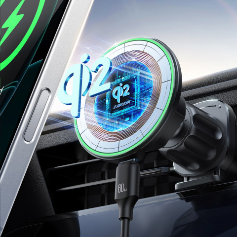 
Automobilinis laikiklis su Qi2 15W telefono įkrovikliu, skirtas oro išleidimo angai - juodas
