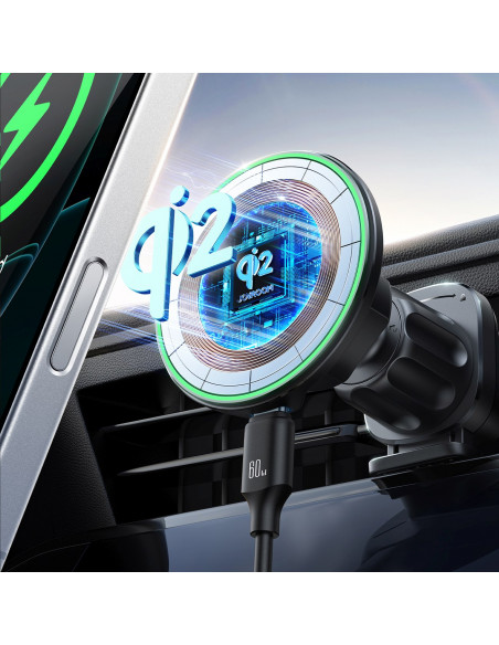 
Automobilinis laikiklis su Qi2 15W telefono įkrovikliu, skirtas oro išleidimo angai - juodas
