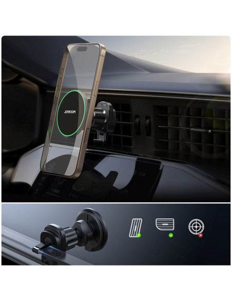 
Automobilinis laikiklis su Qi2 15W telefono įkrovikliu, skirtas oro išleidimo angai - juodas
