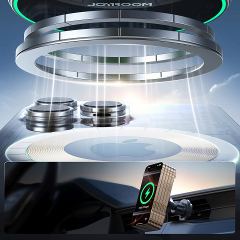 
Automobilinis laikiklis su Qi2 15W telefono įkrovikliu, skirtas oro išleidimo angai - juodas
