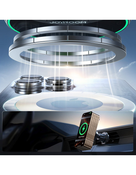 
Automobilinis laikiklis su Qi2 15W telefono įkrovikliu, skirtas oro išleidimo angai - juodas
