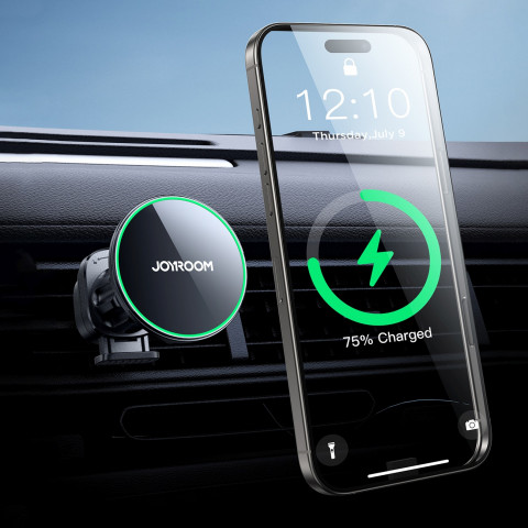 
Automobilinis laikiklis su Qi2 15W telefono įkrovikliu, skirtas oro išleidimo angai - juodas
