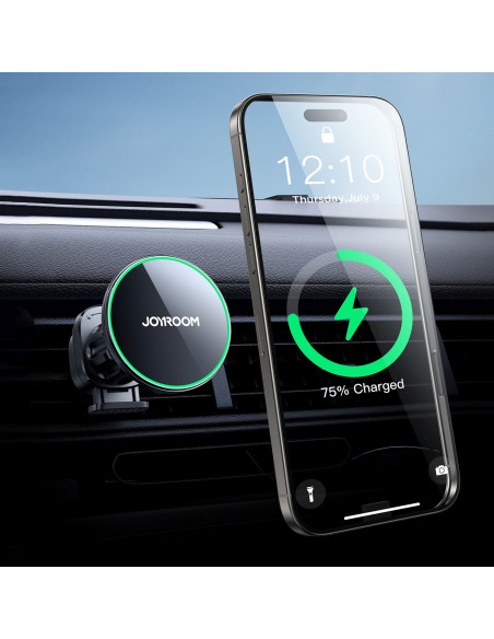 
Automobilinis laikiklis su Qi2 15W telefono įkrovikliu, skirtas oro išleidimo angai - juodas
