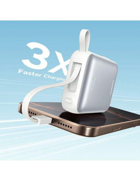 
10000mAh 22,5W išorinė baterija su integruotu USB-C „Lightning“ laidu – balta
