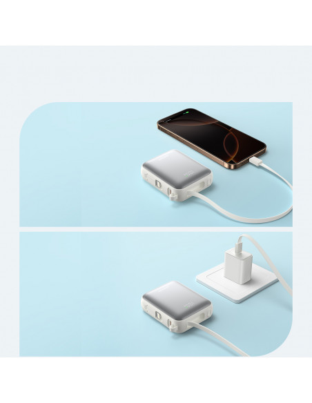 
10000mAh 22,5W išorinė baterija su integruotu USB-C „Lightning“ laidu – balta
