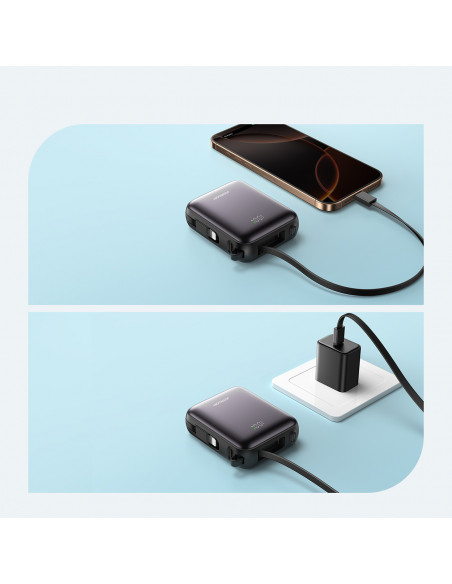 
10000mAh 22,5W išorinė baterija su integruotu USB-C „Lightning“ laidu – juoda
