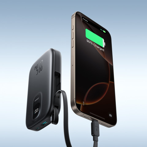 
10000 mAh išorinė baterija su integruotu 22,5 W USB-C 0,25 cm laidu - juoda
