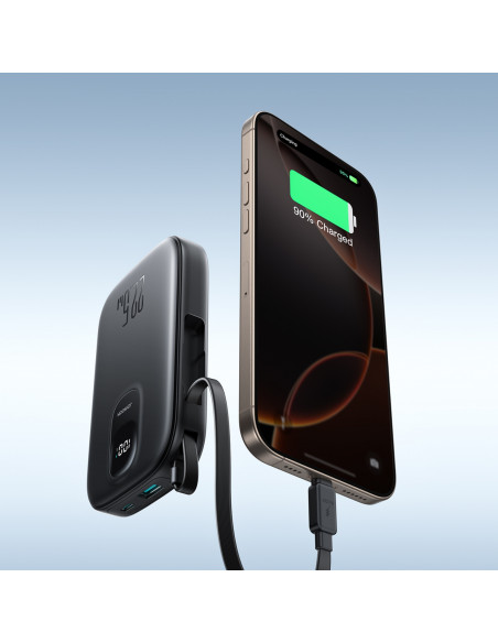 
10000 mAh išorinė baterija su integruotu 22,5 W USB-C 0,25 cm laidu - juoda
