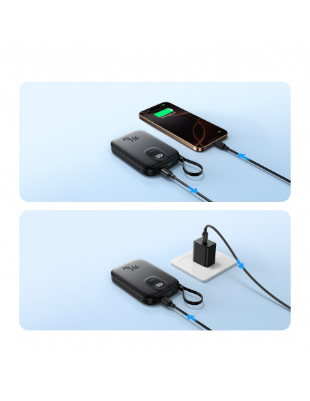 
10000 mAh išorinė baterija su integruotu 22,5 W USB-C 0,25 cm laidu - juoda
