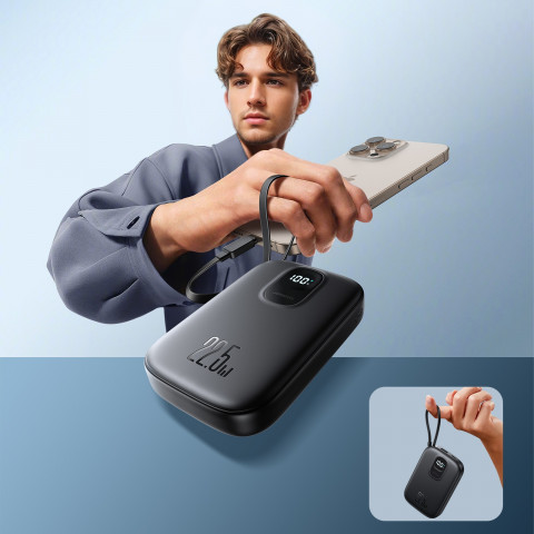 
10000 mAh išorinė baterija su integruotu 22,5 W USB-C 0,25 cm laidu - juoda
