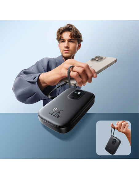 
10000 mAh išorinė baterija su integruotu 22,5 W USB-C 0,25 cm laidu - juoda
