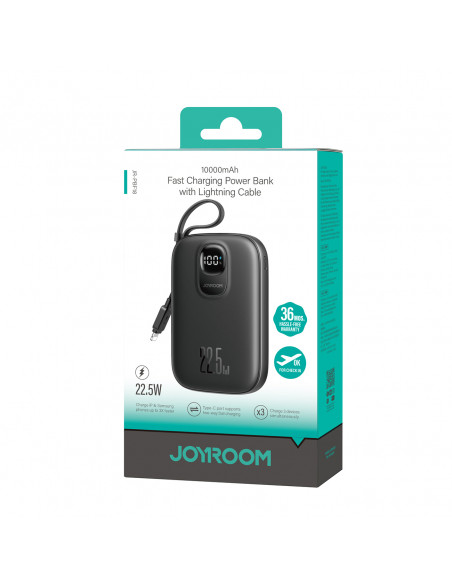 
10000 mAh išorinė baterija su integruotu 22,5 colio „iPhone Lightning“ USB-C laidu, 0,25 cm, juoda
