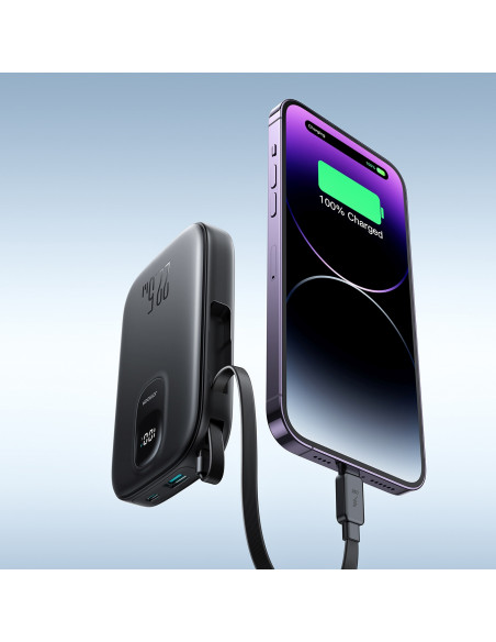 
10000 mAh išorinė baterija su integruotu 22,5 colio „iPhone Lightning“ USB-C laidu, 0,25 cm, juoda
