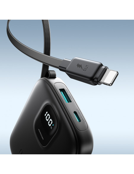 
10000 mAh išorinė baterija su integruotu 22,5 colio „iPhone Lightning“ USB-C laidu, 0,25 cm, juoda
