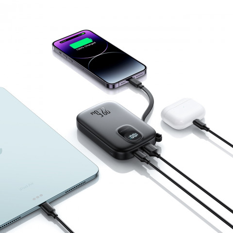 
10000 mAh išorinė baterija su integruotu 22,5 colio „iPhone Lightning“ USB-C laidu, 0,25 cm, juoda
