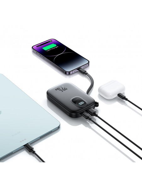 
10000 mAh išorinė baterija su integruotu 22,5 colio „iPhone Lightning“ USB-C laidu, 0,25 cm, juoda
