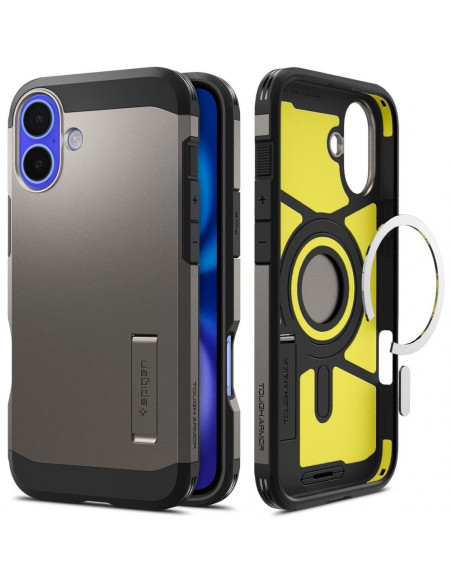 
Tvirtas „Armor MagSafe“ dėklas su stovu, skirtas „iPhone 16“ – metalo spalvos
