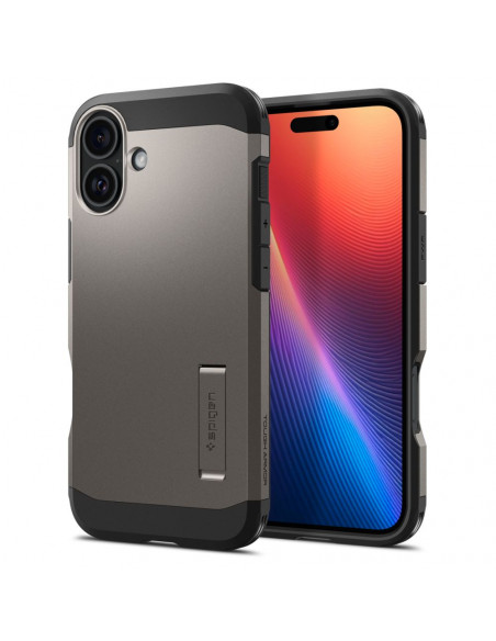 
Tvirtas „Armor MagSafe“ dėklas su stovu, skirtas „iPhone 16“ – metalo spalvos
