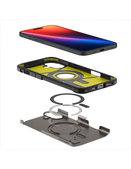 
Tvirtas „Armor MagSafe“ dėklas su stovu, skirtas „iPhone 16“ – metalo spalvos
