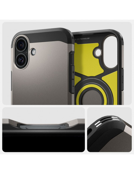 
Tvirtas „Armor MagSafe“ dėklas su stovu, skirtas „iPhone 16“ – metalo spalvos
