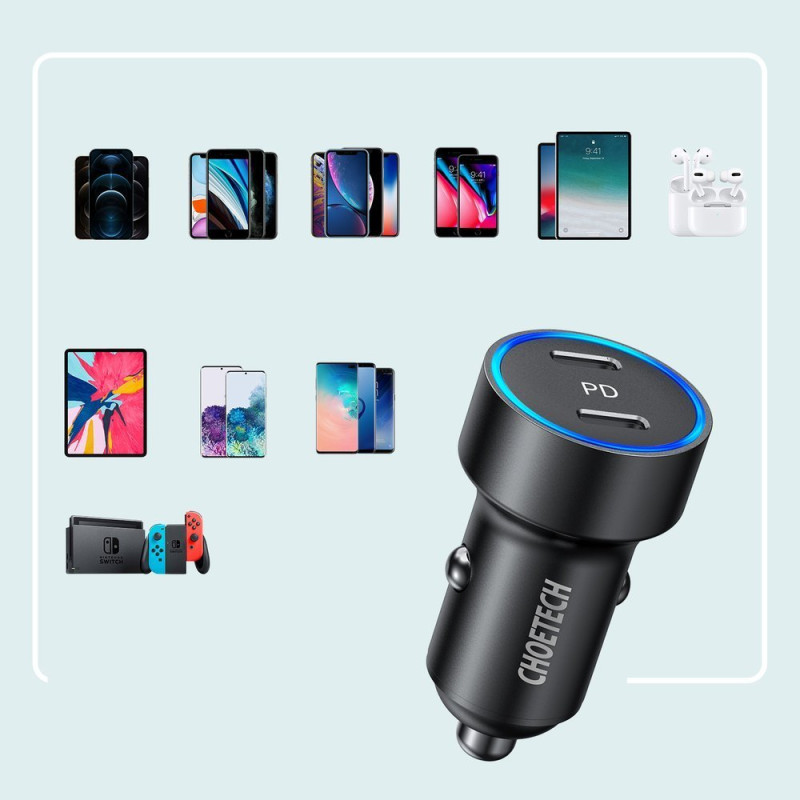 Automobilinis įkroviklis 2xUSB Type C Power Delivery 3.0 QuickCharge 3.0 AFC 36W 2.4A juoda