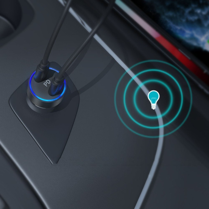 Automobilinis įkroviklis 2xUSB Type C Power Delivery 3.0 QuickCharge 3.0 AFC 36W 2.4A juoda