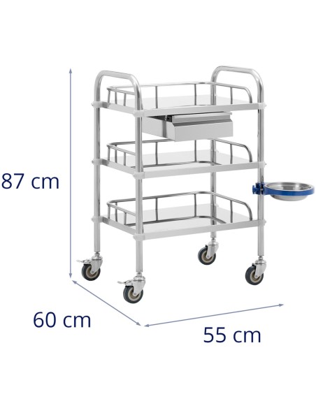 Kosmetinio gydymo laboratorinis vežimėlis iš plieno, stalčius, 3 lentynos, 55 x 60 x 87 cm Kosmetinio gydymo laboratorinis vežimėlis iš plieno, stalčius, 3 lentynos, 55 x 60 x 87 cm