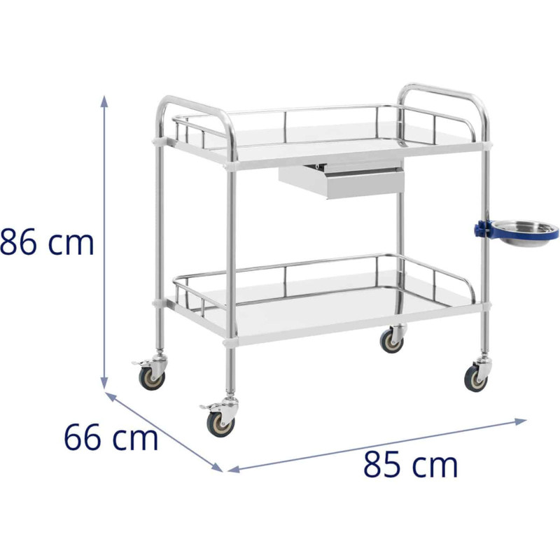 Kosmetinio gydymo laboratorinis vežimėlis iš plieno 2 lentynos 1 stalčius 85 x 66 x 86 cm 20 kg