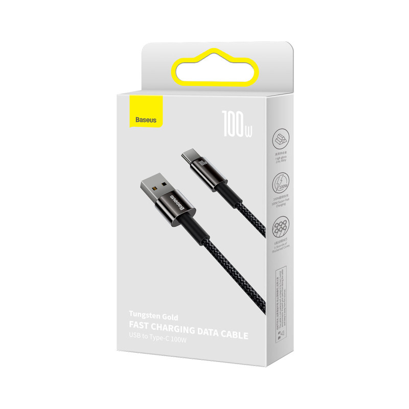 Volframo auksinis kabelis USB-USB-C 480Mb-s 100W 1m juodas