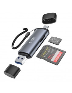 
SD/ micro SD atminties kortelių skaitytuvas su USB-C/ USB-A jungtimis – pilkas
