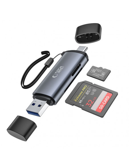 
SD/ micro SD atminties kortelių skaitytuvas su USB-C/ USB-A jungtimis – pilkas
