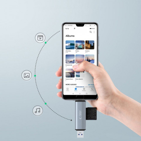 
SD/ micro SD atminties kortelių skaitytuvas su USB-C/ USB-A jungtimis – pilkas
