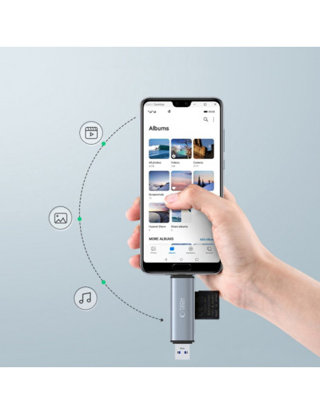 
SD/ micro SD atminties kortelių skaitytuvas su USB-C/ USB-A jungtimis – pilkas
