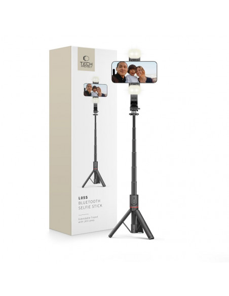 
„Bluetooth“ asmenukių lazda su trikoju ir LED lempute iki 105 cm - juoda
